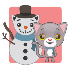 Cute gray cat with a snowman