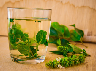 beautiful green tea with mint and lemon on wooden table with whi