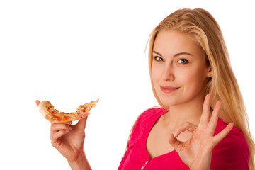 Woman with slice of delicious pizza, can't wait to bite in it.