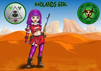 Cartoon girl with rifle in stocking in cartoon badlands with biohazard signs