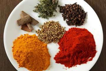 Top view of indian colorful spices.