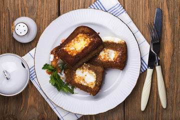 Eggs fried in bread, top view