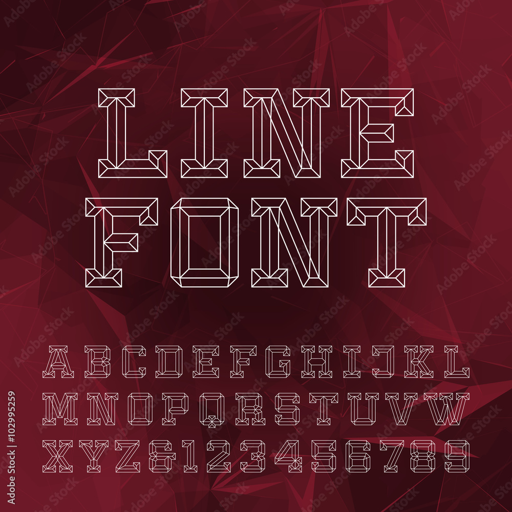Fototapete beveled alphabet vector font. outline style letters and numbers on the abstract geometrical backgrou