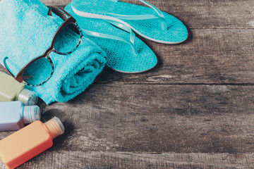 Snorkelling equipment on wood background