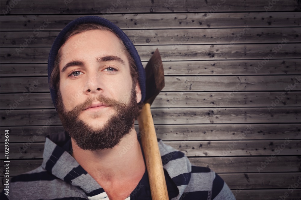 Poster composite image of close-up portrait of hipster with axe