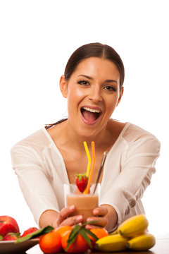 Woman excited of fresh fruit smoothie healthy meal.
