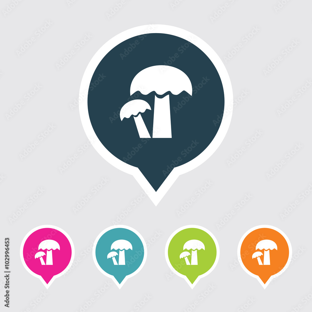Poster very useful editable mushroom icon on different colored pointer shape. eps-10.