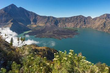 Fototapeta na wymiar Rinjani volcano mountain landscape from Senaru crater