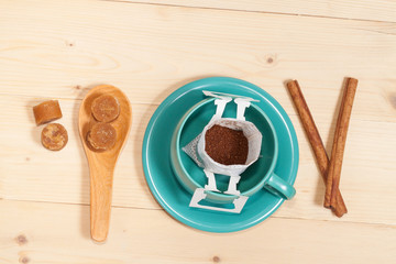 Drip bag fresh coffee in cup