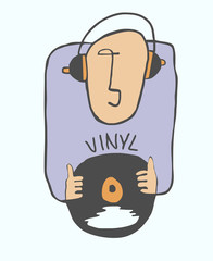 Cartoon funny DJ illustration.Cartoon funny DJ illustration with LP and headphone
