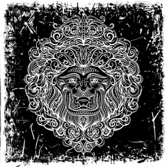 Lion Head with abstract ornament on grunge background. Vintage tattoo art design, card, print, t-shirt, postcard, poster. Black and white hand drawn vector illustration