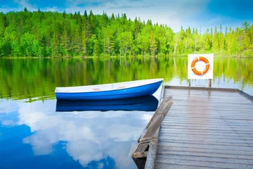 Küchenrückwand glas motiv Solovki.  landscape lake wooden boat day © erainbow