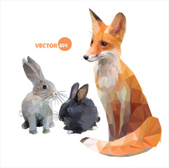 Foxes and hares. funny vector illustration in polygonal (low poly) style cartoon Fox, rabbit. illustration of the animals of the forest, the hare and the Fox sitting sideways.
