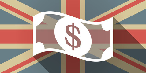 Long shadow UK flag icon with a dollar bank note