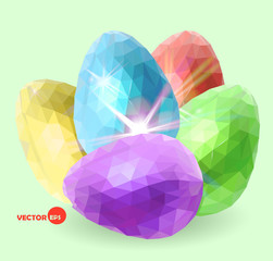 Happy Easter illustration set of five Easter colorful eggs with shine light, made in low poly style. Design for the Happy Easter greeting cards, banners. 
