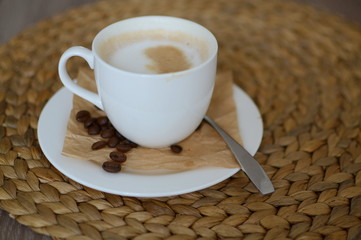 cappuccino on wooden plate