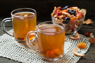 Compote of dried fruits in the mug and assorted dried fruits in