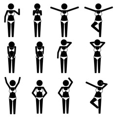 Girl female with bikini with various gesture icon symbol sign pictogram vector
