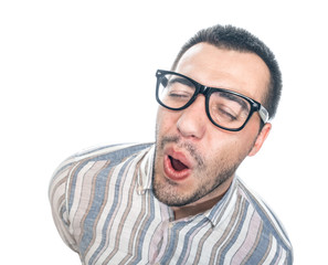 Obraz premium Funny man singing with closed eyes, isolated on white background, studio shot