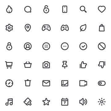 Outline vector icons for web and mobile. 36 Icons, 4 pixel stroke & 48x48 resolution