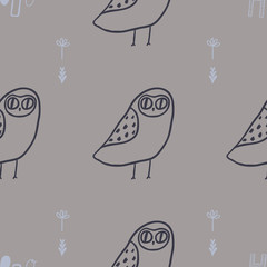 Hooo Seamless Vector pattern. Cute owls, florals and hand lettering