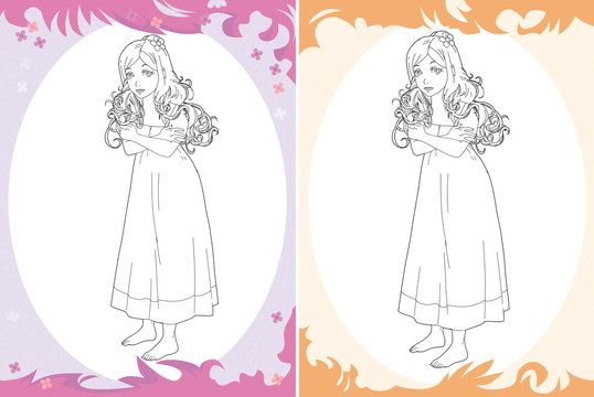 Cartoon princess - coloring page - two versions - image for different fairy tales - illustration for the children