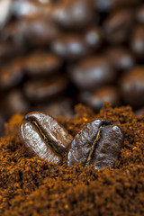 Coffee beans and ground coffee.