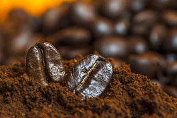 Coffee beans and ground coffee.