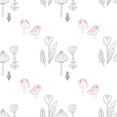 Cute seamless vector pattern with mushroom, leafs, tulip flowers and cute birds in pastel colors