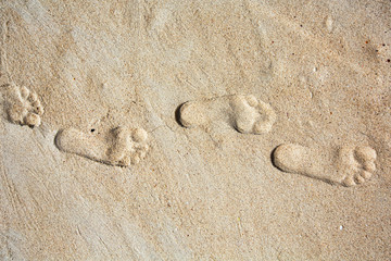 Footprints in the sand. Travel to Sea beach, foot steps