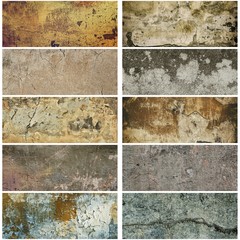 Collection of ten narrow images with vintage grunge texture of old weathered dirty wall