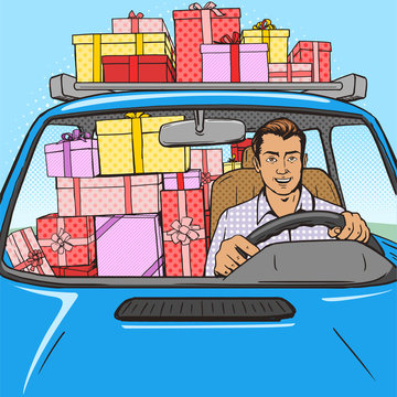 Man with gift boxes in car pop art style vector