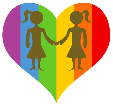 Colorful rainbow love heart with silhouette of couple of two homosexual women, lesbians