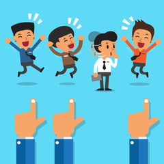 Recruitment concept hands pointing to businessmen