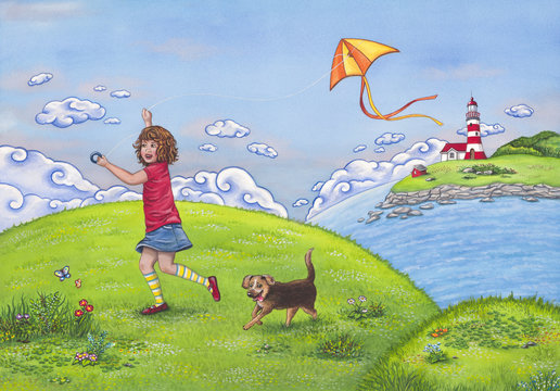 Summer landscape with a girl running on a hill, playing with a kite and her cute dog. Watercolor children's illustration.