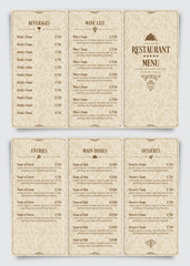 Vector brochure design template. Restaurant food and drink menu tri-fold page.