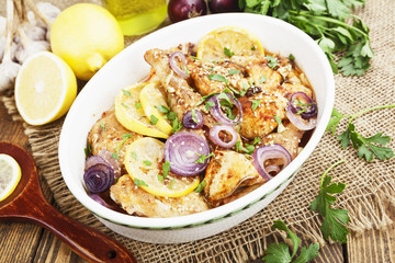 Spicy chicken in a ceramic pot