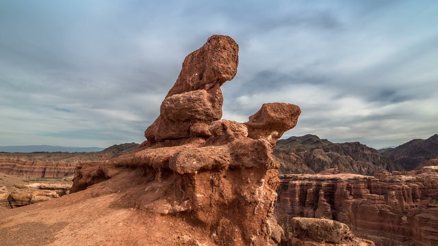 4K TimeLapse. Charyn grand canyon at cloudy sky in Kazakhstan.