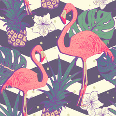 Naklejka premium Bezszwowy wzór z flamingo ptakami i ananasami