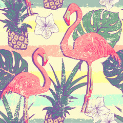 Fototapeta premium Bezszwowy wzór z flamingo ptakami i ananasami