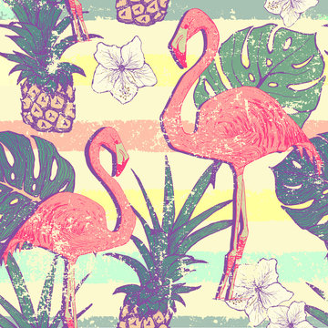 Seamless pattern with flamingo birds and pineapples