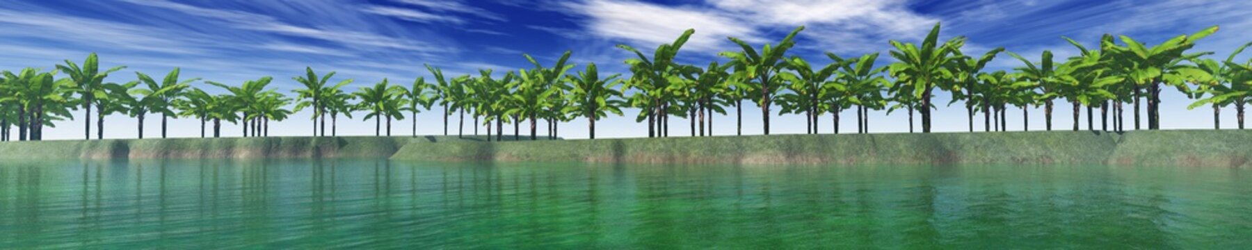 view of palm trees on the sea, an island in the ocean, palm trees in the ocean, tropical island
