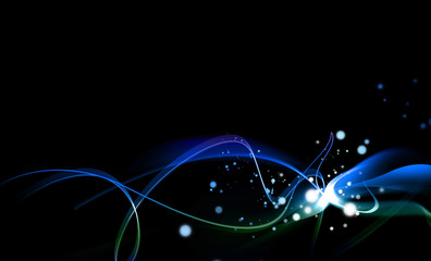 Abstract wavy and curl blue and green lines on black background (with glittering effect)