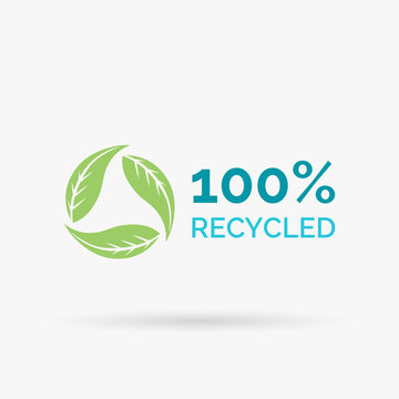 100% recycled icon design. 100% recycled symbol design. Recycle design with circular green leaves sign. Vector illustration.