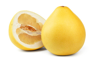 Ripe pear-shaped pomelo fruit and a half of pomelo isolated on white background. 
