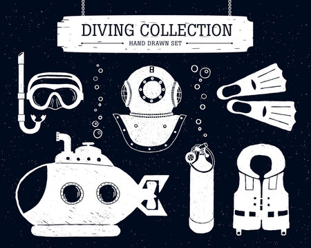 Hand drawn diving collection of elements on black background.