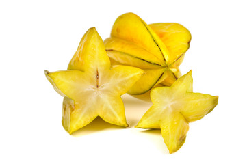 Two averrhoa carambola starfruits composition isolated over white background