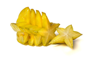 Averrhoa carambola starfruit served, composition isolated over white background