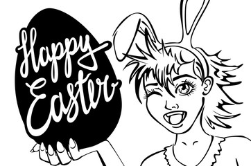 Lovely woman in rabbit costume, white background