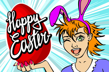 closeup of winking bunny girl face manga girl in a bunny costume with an Easter egg. happy easter lettering